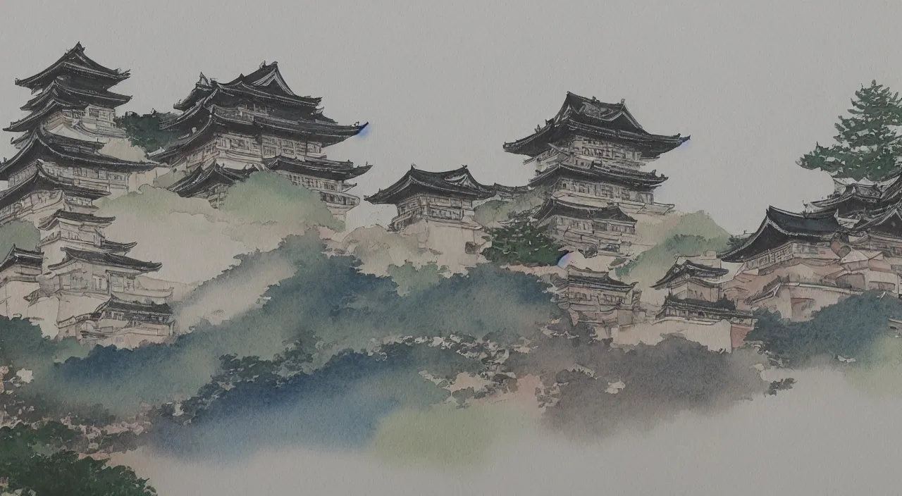 Prompt: a watercolour painting of a Japanese castle, trending on artstation