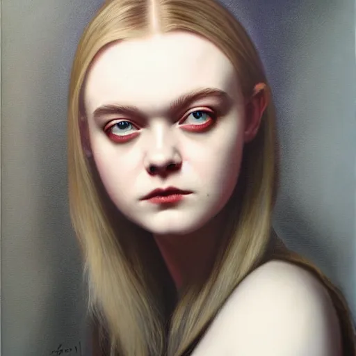 Image similar to a striking hyper real painting of Elle Fanning , dark, metal, occult, by Glyn Smyth