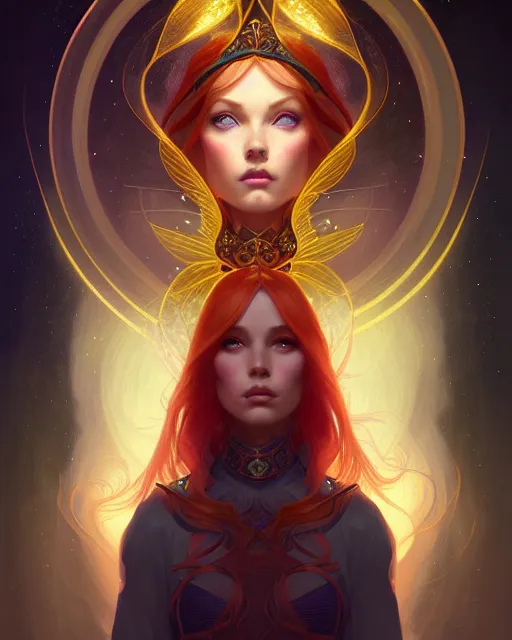 Image similar to symmetry portrait of redhead princess, glam, cleric, fireflies, crypt background, intricate, elegant, highly detailed, digital painting, artstation, concept art, smooth, sharp focus, illustration, art by artgerm and greg rutkowski and fra angelico and alphons mucha