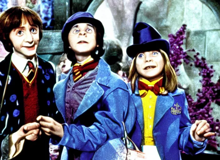 Image similar to film still of Harry potter in Willy Wonka's and the Chocolate Factory 1971