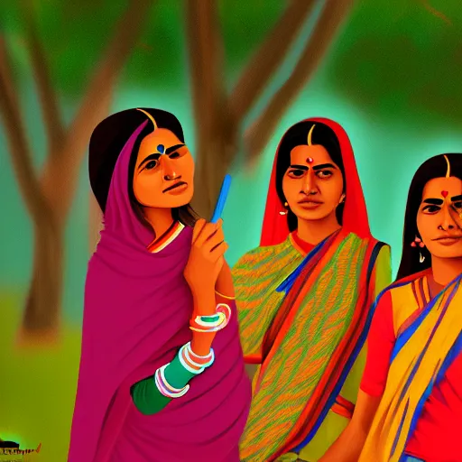 Image similar to aesthetic painting of indian rural women talking, trending on artstation, detailed digital art