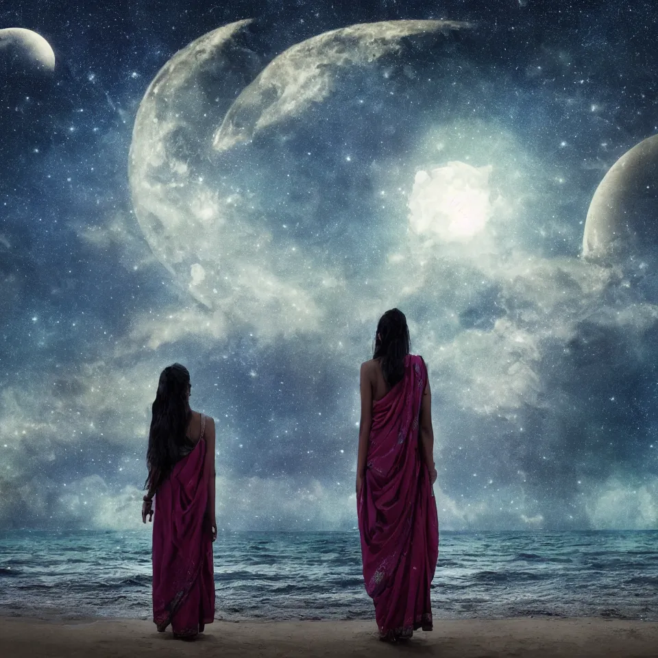 Image similar to young indian woman standing by the ocean at night with the moon above and the galaxy visible, masterful intricate artwork, high detail 8 k