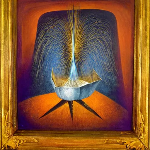 Image similar to an original painting by remedios varo, uses gold, airy, blue, orange and violet as colors