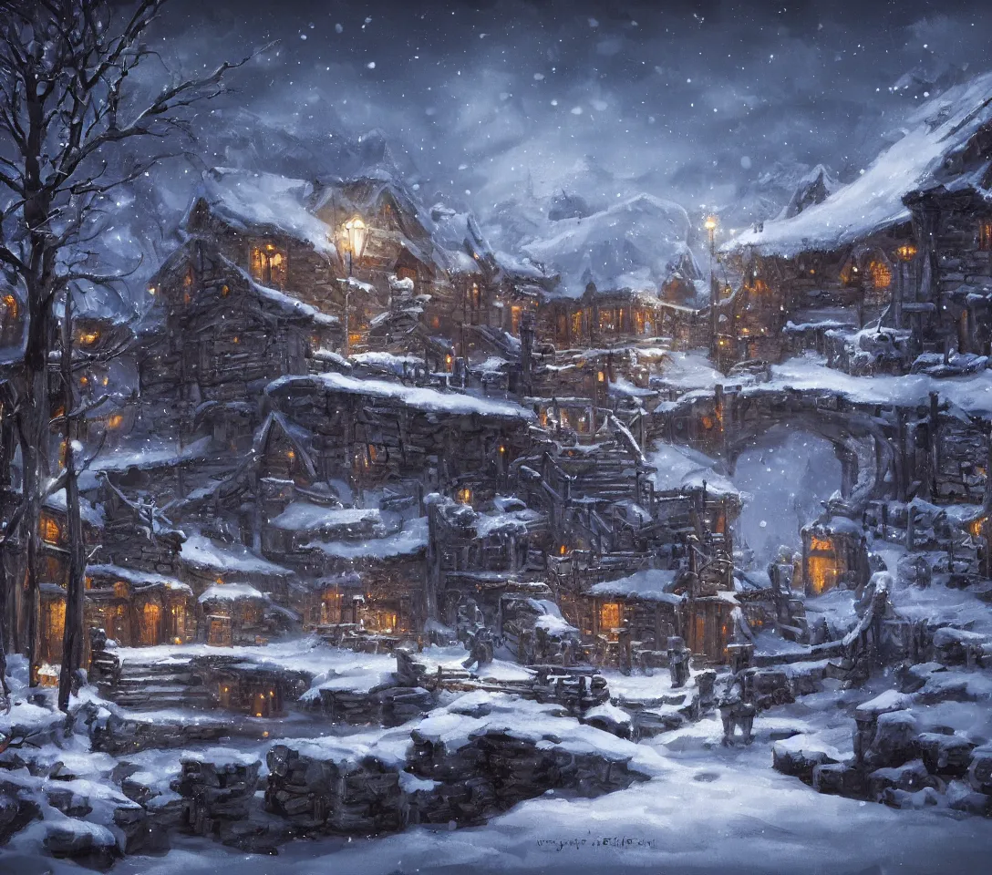 The Jarl's tavern, winter night, by Joseph Feely. Epic