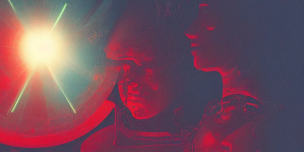 Image similar to vintage science fiction illustration, depicting artificial intelligence, azure color bleed, warm red tones, film grain, lensflare