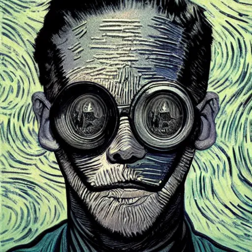 Image similar to portrait of mad max, mash - up between mc escher and vincent van gogh