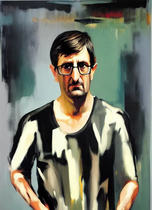 Image similar to louis theroux, painting by phil hale, 'action lines'!!!, graphic style, visible brushstrokes, motion blur, blurry