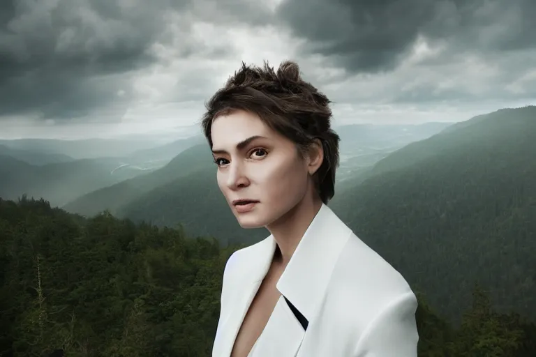 Image similar to a cinematic headshot portrait of a beautiful middle aged woman, wearing futuristic white suit on the top of a mountain, overlooking a vast serene forest, large diffused light, neon light, 4 k, ultra realistic, dramatic lighting, rain, clouds, fog, vogue, fashion, glamour, magazine spread, by marco mazzoni and jessica rossier