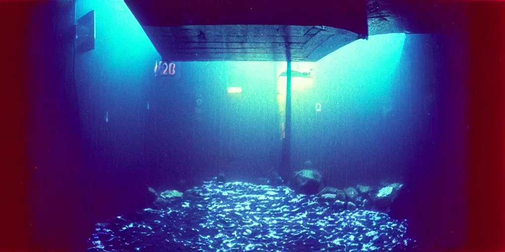 Prompt: underwater footage of a portal at the end of a tokyo alley, thunderstorm and heavy rain, non - euclidean, neon lights, ektachrome photograph, volumetric lighting, f 8 aperture, cinematic eastman 5 3 8 4 film