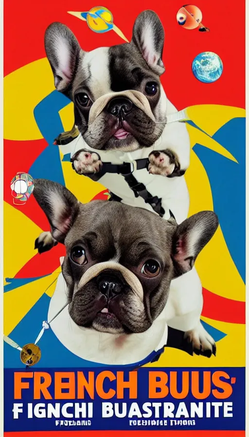 Image similar to movie poster of french bulldogs as astronauts, highly detailed, hyper realistic, large text, bright colours