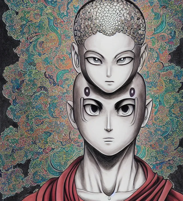 Prompt: buddhist taoist drawing painting mural of a beautiful girl portrait in miyazaki toriyama escher gantz onepunchman style detailed trending award winning