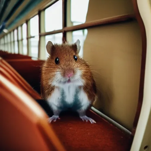 Image similar to photo of a train interior, a brown hamster is sitting on a seat, various poses, unedited, soft light, sharp focus, 8 k