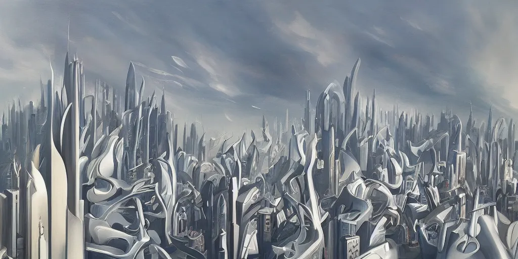 Prompt: a beautiful painting of city landscape, zaha hadid, fantasy, futuristic, by yves tanguy, trending on artstation