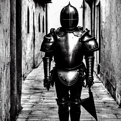 Image similar to Aging knight in black plate armor stands alone in empty alley, character portrait, moody, highly detailed