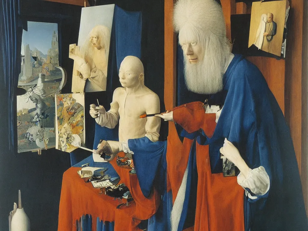 Image similar to Portrait of albino mystic with blue eyes, painting his self-portrait. Painting by Jan van Eyck, Audubon, Rene Magritte, Agnes Pelton, Max Ernst, Walton Ford