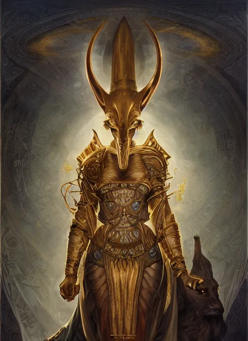 Image similar to anubis, gold, shamanic poste, elegant, highly detailed, centered, digital painting, artstation, concept art, smooth, sharp focus, illustration, artgerm, tomasz alen kopera, peter mohrbacher, donato giancola, joseph christian leyendecker, wlop, frank frazetta