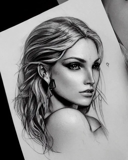 Image similar to tattoo sketch of beautiful greek goddess aphrodite with arrowhead earrings, beautiful piercing eyes, flowing blonde hair, realistic face, hyper realistic, in the style of greg rutkowski, fantasy, amazing detail, epic, intricate, elegant, smooth, sharp focus