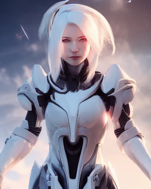 Image similar to perfect white haired girl, warframe armor, beautiful, dreamy, half asian, pretty face, blue eyes, detailed, windy weather, futuristic background, glow, scifi platform, laboratory, experiment, 4 k, ultra realistic, epic lighting, cinematic, high detail, masterpiece, akihito tsukushi