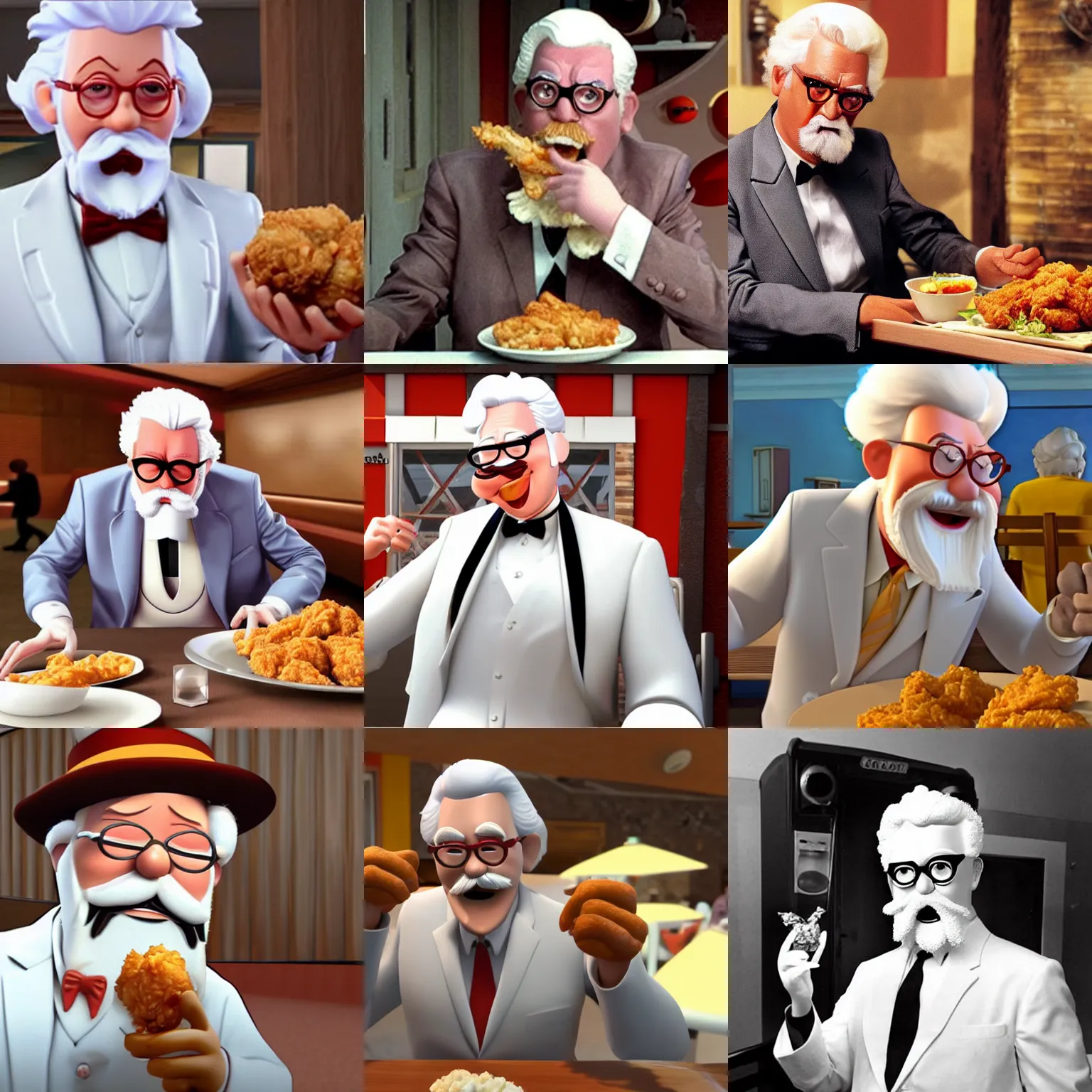 Prompt: colonel sanders eating fried chicken. octave. pixar. hd