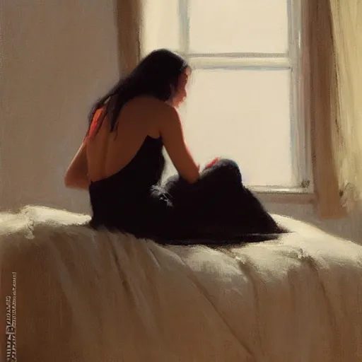 Prompt: beautiful girl with long black hair, in backless red dress, backview, sitting on edge of bed, in a candle lit room, by jeremy lipking, tim rees, joseph todorovitch