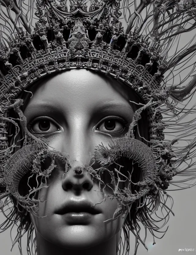 Image similar to symmetrical, centered, goddess close-up portrait wigh crown made of skulls. betta fish, phoenix, bioluminiscent creature, intricate artwork by Tooth Wu and wlop and beeple. octane render, trending on artstation, greg rutkowski very coherent symmetrical artwork. cinematic, hyper realism, high detail, octane render, 8k