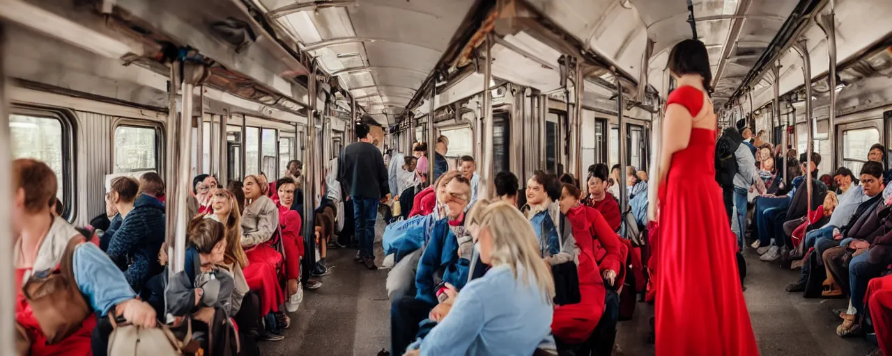 Prompt: inside a train wagon, people are standing close, rush hour, ham instead of heads, woman with red dress in middle