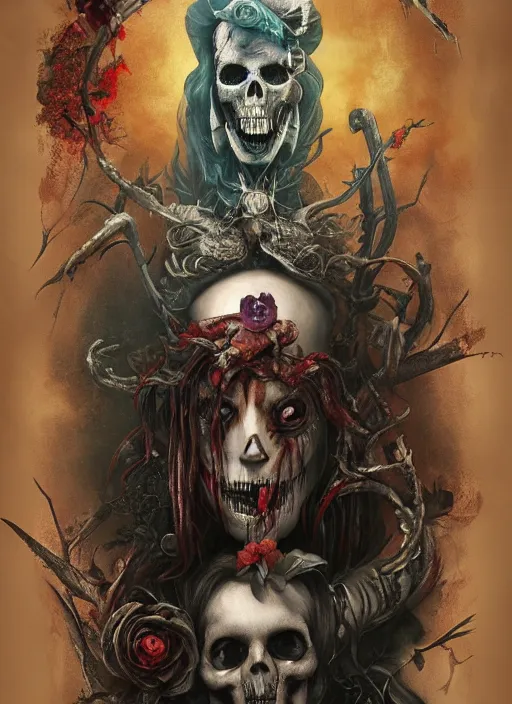 Image similar to Alice in Wonderland,death tarot card,half skull face,highly detailed,cinematic,8k,by Stanley Artgermm,Tom Bagshaw,Greg Rutkowski,Carne Griffiths, Ayami Kojima, Beksinski, Giger,Anne Stokes, Benjamin Lacombe,trending on DeviantArt,hyper detailed,horror, full of colour