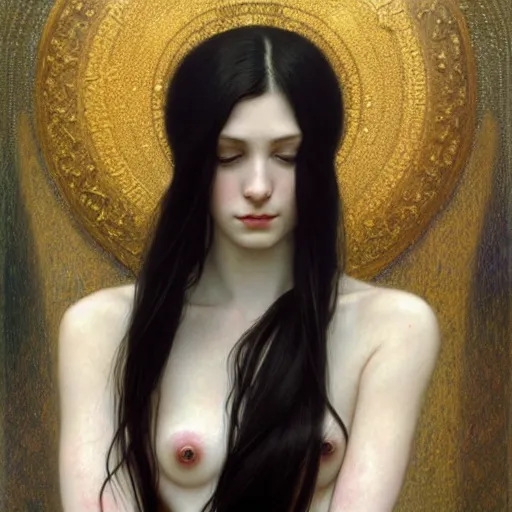 Image similar to Portrait of a beautiful, pale skin, female with long black hair, dark brown narrow-set eyes, faint smile, elegant clothing, photorealistic, highly detailed, artstation, smooth, sharp focus, art by Klimt, artgerm, Greg Rutkowski and Alphonse Mucha natural light, Adobe Lightroom, photolab, Affinity Photo, PhotoDirector 365