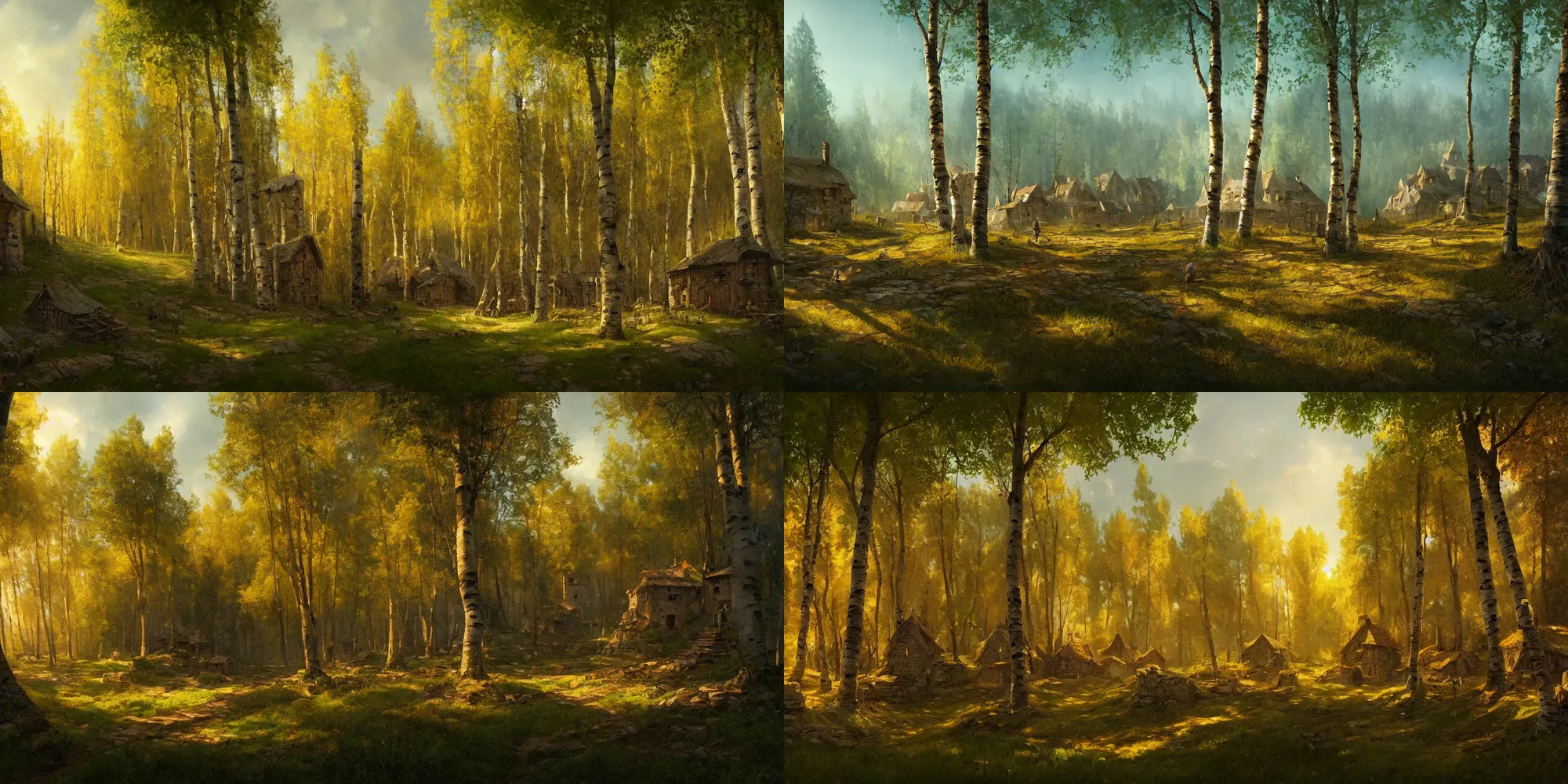 Prompt: A beautiful painting of a small medieval settlement in the edge of a birch forest, cinematic composition, concept art, golden ratio, matte painting, Marc Simonetti, Sergey Vasnev, Anato Finnstark, artstation, 8k, high resolution