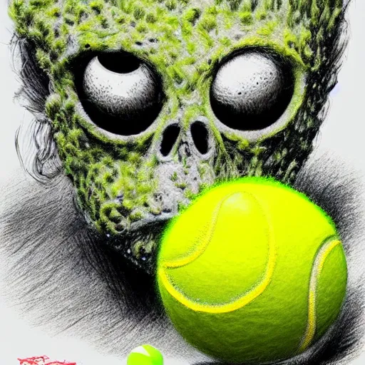 Image similar to a tennis ball monster, tennis ball, dark, chalky, rich playboy, digital art, fantasy, magic, trending on artstation, ultra detailed, professional illustration by Basil Gogos