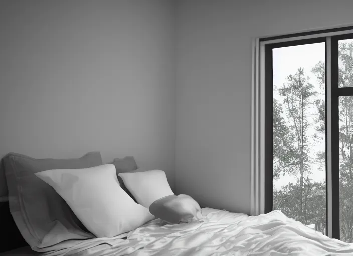 Image similar to photography of a Jack Russel watching outside the window on a bed in a 3d rendered white room, octane render, 3d, foggy, volumetric light, volumetric fog, photorealistic, unreal engine 5, award winning photo, 100mm, sharp, cloth, high res