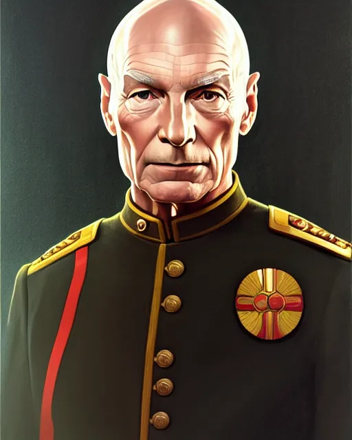 Prompt: symmetry portrait of captain picard in captain's uniform, tng, forest, intricate, elegant, highly detailed, digital painting, artstation, concept art, smooth, sharp focus, illustration, art by artgerm and greg rutkowski and fra angelico and alphons mucha