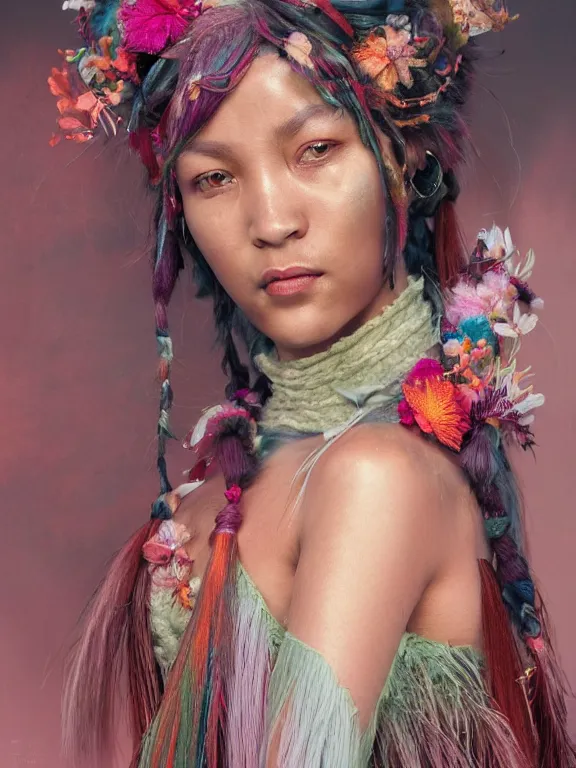 Prompt: beautiful portrait of a Subtropics minority female wearing fantastic Hand-dyed cotton with decorative fringe costume, pigtail,subtropical plants,subtropical plants flowers,intricate, elegant, highly detailed, dim volumetric lighting, 8k,octane,post-processing,digital painting, trending on artstation, concept art, smooth, sharp focus, illustration,by Tom Bagshaw and Daniel Gerhartz and Albert Aublet and Lawrence Alma-Tadema and alphonse mucha