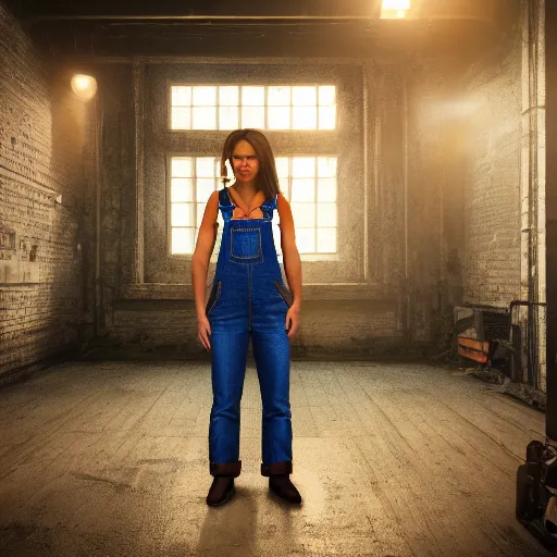 Image similar to full body pose, hyperrealistic photograph of a beautiful girl, overalls, dim volumetric lighting, 8 k, octane beautifully detailed render, extremely hyper detailed, intricate, epic composition, cinematic lighting, masterpiece, trending on artstation, very very detailed, stunning, hdr, smooth, sharp focus, high resolution, award, winning photo, dslr, 5 0 mm