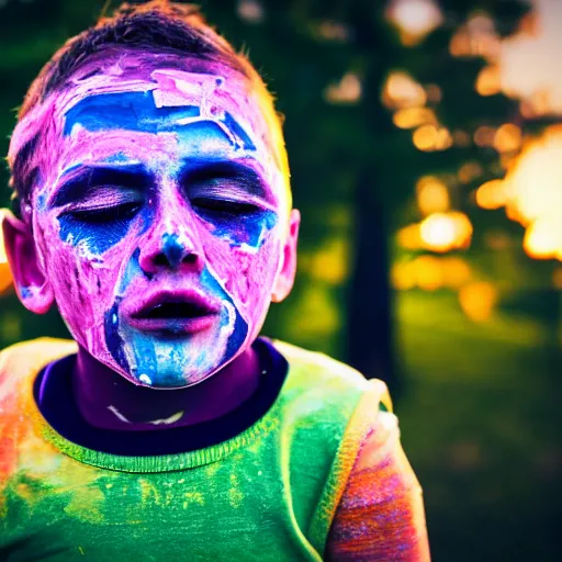 Image similar to 100mm bokeh realistic outdoors photo of a child with various vivid colors of pain smeared on their face, eyes closed, sunset behind them, HDR cinematic lens