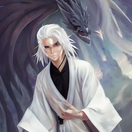 Prompt: white haired parted down the middle, wearing white hakama anime man, with black sclera, with dragon tattoo, full body portrait made by Stanley Artgerm, WLOP, Rossdraws, James Jean Andrei Riabovitchev, Marc Simonetti, Yoshitaka Amano, Artstation