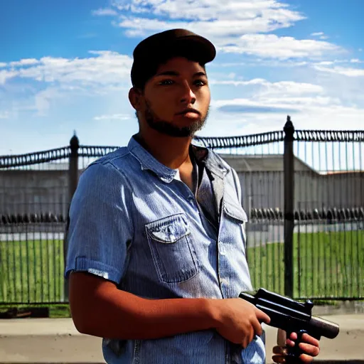 Image similar to Young man standing looking to the right in a red bandana, blue striped shirt, gray vest and a gun with a partly cloudy sky in the background. The young man is standing in front of an iron fence. Photograph. Real life