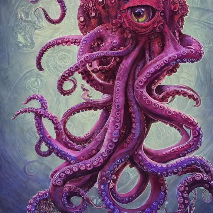 Prompt: beautiful and exotic octopus queen bust portrait, glowing big eyes, art nouveau declotage, perfect symmetrical facial features, hyperrealistic bone structure, beautiful lighting, extremely hyperdetailed, mixed media painting, unreal engine, 8 k, octane, 8 mm, by travis charest, rodney matthews and chris achilleos