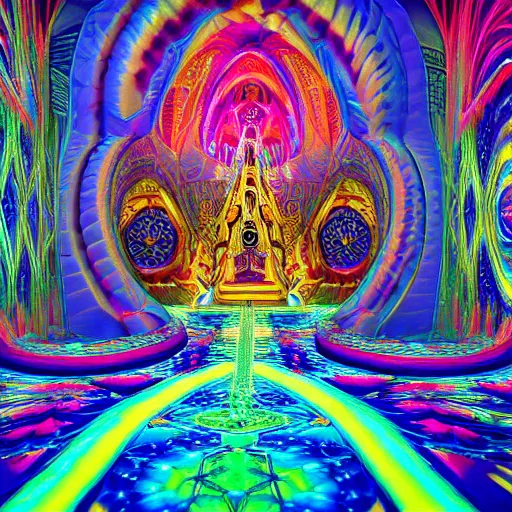 Prompt: Psychedelic crystalline cathedral altar Visionary Sacred Holy Detailed Ben Ridgway art style 8K Detail Colorful Awesome VRay Unreal Engine 5 Substance Designer Octane Render LightWave 3D 3Delight 3D shading 3ds Max