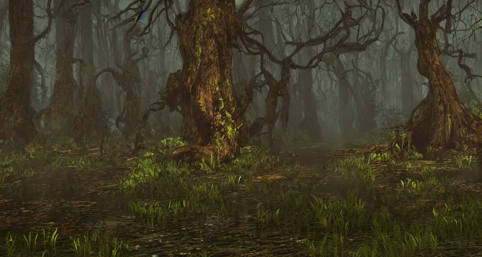 Image similar to A dense and dark enchanted forest with a swamp, from Guild Wars