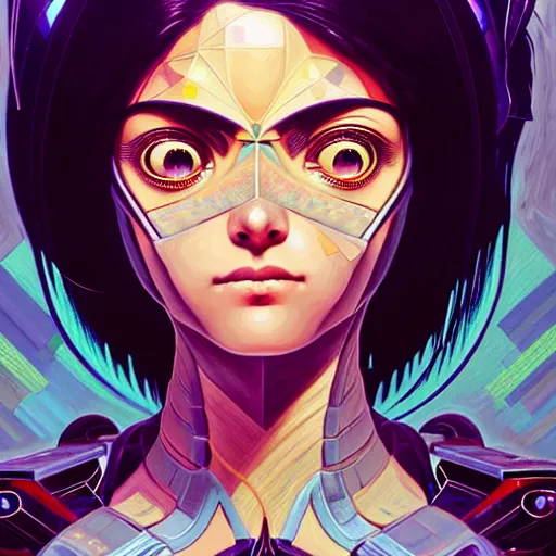Prompt: Character Portrait of Battle Angel Alita surrounded by geometric nodes, face, fantasy, intricate, elegant, highly detailed, digital painting, artstation, concept art, smooth, sharp focus, illustration, art by Oscar Chichoni and Fernanda Suarez and Artem Demura and alphonse mucha