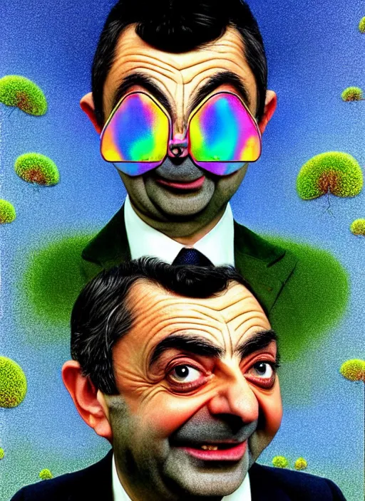 Image similar to hyper detailed 3d render like a Oil painting muted colors - slightly silly portrait of Rowan Atkinson cross eyed as Mr. Bean atop his yellow beetle in Aurora seen tickling of the Strangling network of yellowcake aerochrome and milky Fruit and Her delicate Hands hold of gossamer polyp blossoms bring iridescent fungal flowers whose spores black the foolish stars by Jacek Yerka, Mariusz Lewandowski, Houdini algorithmic generative render, Abstract brush strokes, Masterpiece, Edward Hopper and James Gilleard, Zdzislaw Beksinski, Nicoletta Ceccoli, Wolfgang Lettl, hints of Yayoi Kasuma, octane render, 8k