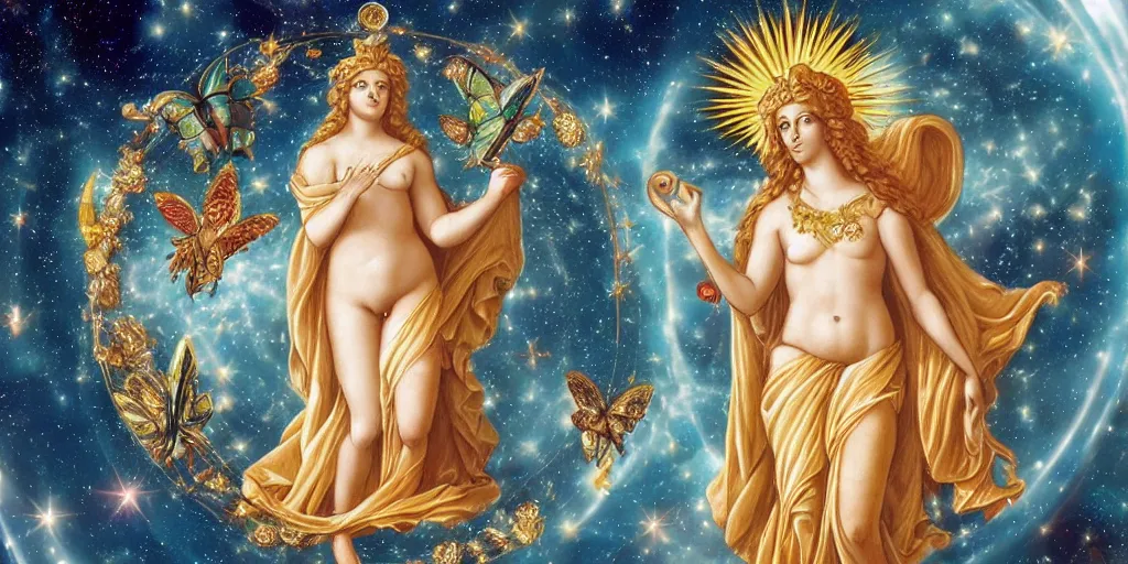 Prompt: majestic neorococo sistina saint Woman Venus godness Athena beautiful gracious pagans marble and gold in space stars clouds doves suns butterflies greeks, coerent face and body, fruits, bioluminescent skin