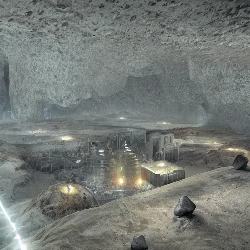 Prompt: large subterranean city with a big light source at the top of the cave, atmospheric