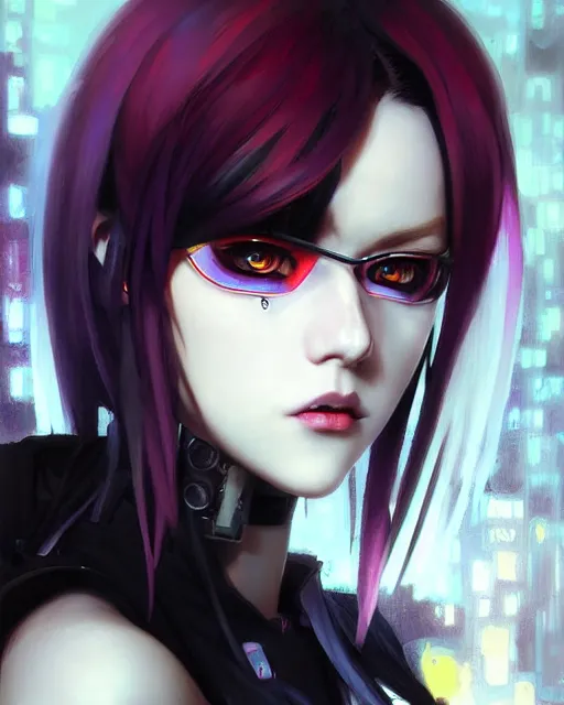 Image similar to portrait of goth cyberpunk Anime girl, cute-fine-face, pretty face, realistic shaded Perfect face, fine details. Anime. realistic shaded lighting by Ilya Kuvshinov Giuseppe Dangelico Pino and Michael Garmash and Rob Rey, IAMAG premiere