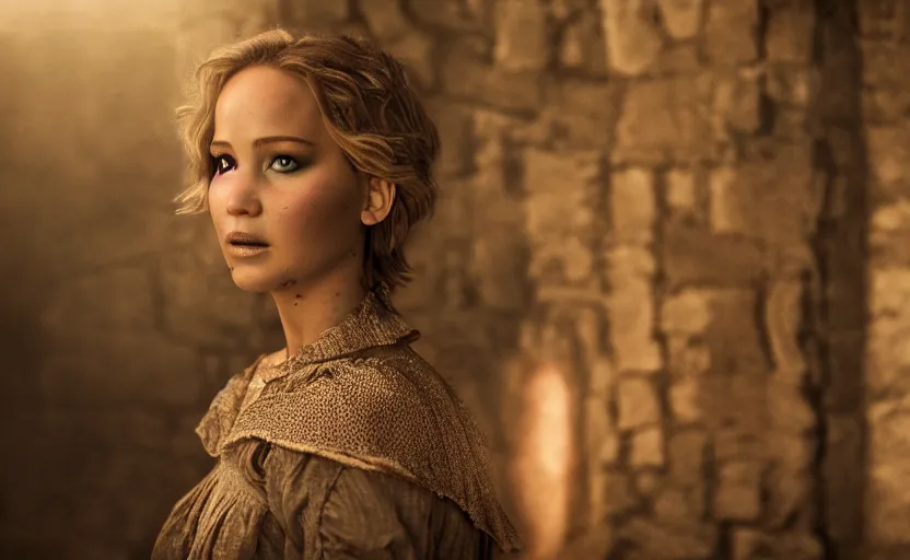 Prompt: film still of jennifer lawrence, short hair, wearing medieval peasant dress, outside medieval farmhouse, glamour pose, deep focus, dramatic lighting, octane, mist, steve mccurry, volumetric lighting, 8 k