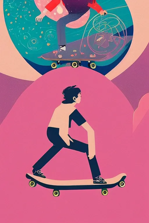 Image similar to a man riding a skateboard on top of a pink surface, poster art by victo ngai, ori toor, kilian eng behance contest winner, crystal cubism, poster art, cubism, tarot card, psychedelic art, concert poster, poster art, maximalist