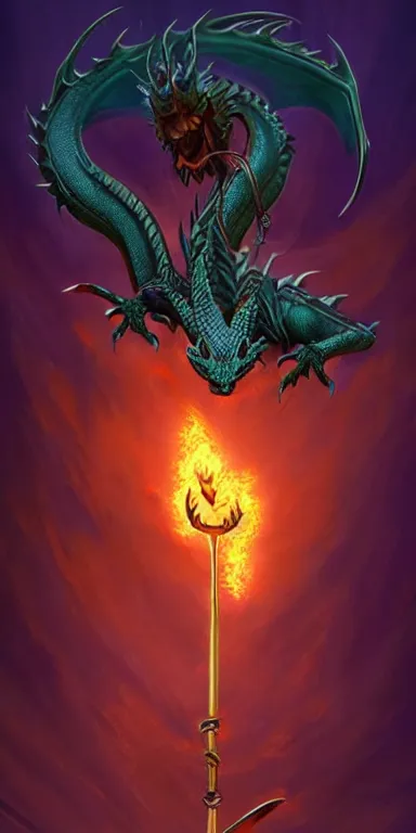 Prompt: draconic staff, dragon staff,((((((((((((((dragon head))))))))))))))) on top of the staff, ((((dragon head)))) on top of the magic staff, glowing draconic staff, epic fantasy style art, fantasy epic digital art, epic fantasy weapon art, hearthstone style art