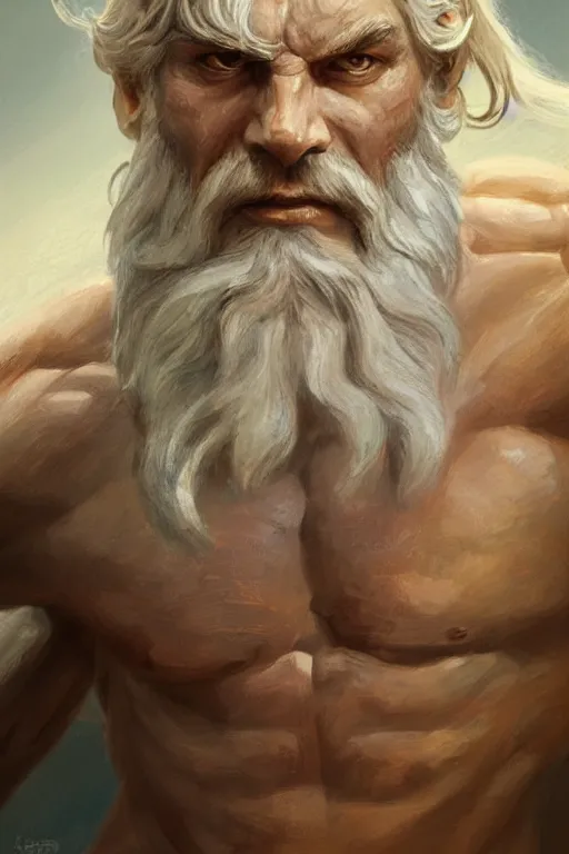 Image similar to painted portrait of rugged zeus, god of thunder, greek god, white hair, masculine, mature, handsome, upper body, muscular, hairy chest, fantasy, intricate, elegant, highly detailed, digital painting, artstation, concept art, smooth, sharp focus, illustration, art by gaston bussiere and craig mullins