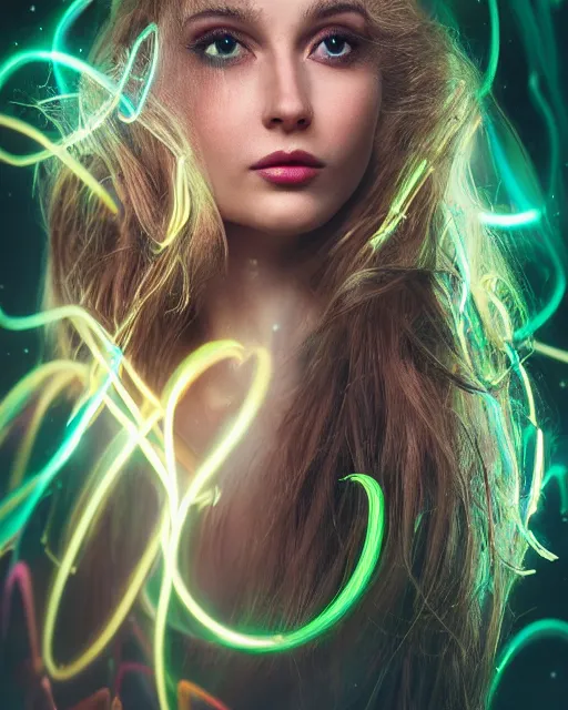 Image similar to luminescent long exposure light painting by dr. seuss of an optical illusion beauteous practical sumptuous full frame photo realistic face, lifelike incredible hair, crystalline masterpiece incrustations, hyperdetailed face, elegant pose, movie still, intricate, octane render, cinematic forest lighting,